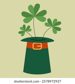 Shamrock leaves in a leprechaun's hat. Symbol of st.Patrick Day