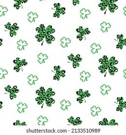 Shamrock leopard green leaf St. Patricks Day seamless pattern. Simple clover leaves on white background