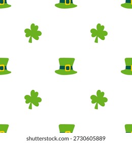 Patrón sin fisuras plano del sombrero del trébol y del duende, fondo colorido de los símbolos del día de San Patricio