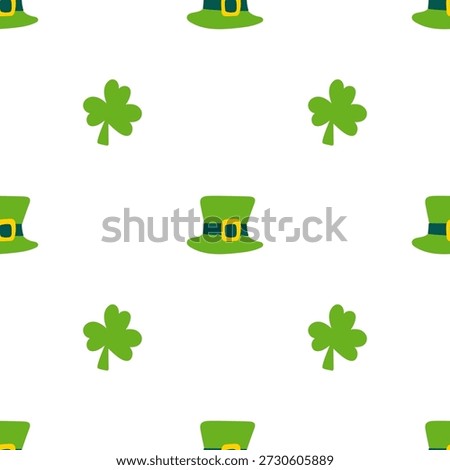 Shamrock and Leprechaun Hat Flat Seamless Pattern, Colorful St. Patrick's Day Symbols Background