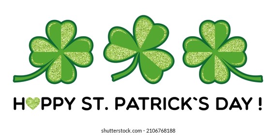 Shamrock with lettering. Happy st. Patrick day. Clover vector illustration with glitter effect