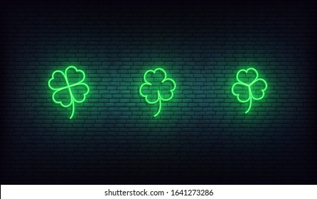 Shamrock neon icons. Set of green Irish clover icons for Saint Patrick's Day