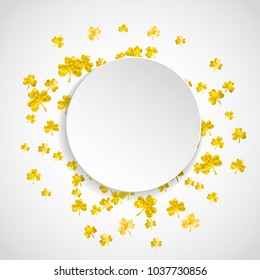 Shamrock paper frame for Saint patricks day. Lucky trefoil confetti. Glitter frame of clover leaves. Template for poster, gift certificate, banner. Festive shamrock paper frame backdrop.