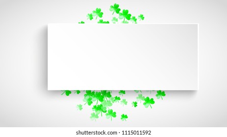 Shamrock paper frame for Saint patricks day. Lucky trefoil confetti. Glitter frame of clover leaves. Template for gift coupons, vouchers, ads, events. Festal shamrock paper frame backdrop.