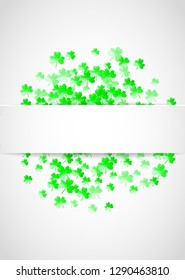 Shamrock paper frame for Saint patricks day. Lucky trefoil confetti. Glitter frame of clover leaves. Template for special business offer, banner, flyer. Happy shamrock paper frame backdrop.