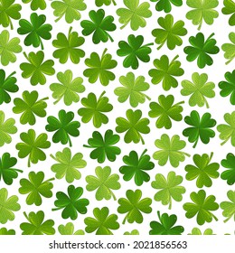 Shamrock  pattern. Clover St. Patricks background. Holiday irish wallpaper. Green clover leaves isolated on light green texture. Seamless pattern traditional irish plants. St. Patricks fabric, textile