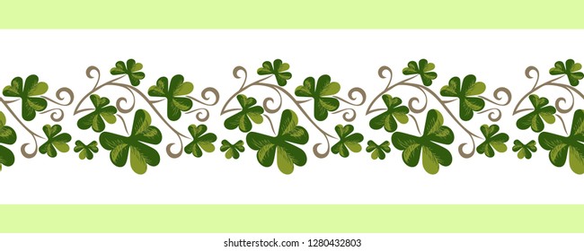 Shamrock pattern seamless border isolated. Hand drawn vintage garland design element. Vector doodle green foliage of clover leaves. St Patricks Day background decorative shamrock ornament illustration