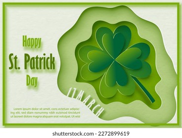 Shamrock plant in a abstract frame in paper cut style with wording of Saint Patrick's Day and example texts on light green paper pattern background.  