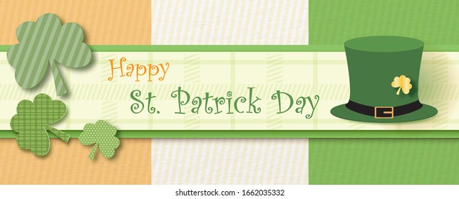 Shamrock plants deign with high hat and Happy St. Patrick Day wording on colors of Irish flag. Saint Patrick's Day greeting card and poster in paper cut style and vector design.