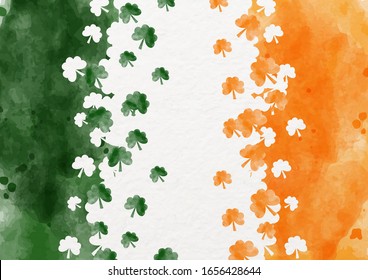 Shamrock plants pattern and colors of Irish flag in watercolor style on paper pattern background. Saint Patrick's Day greeting card and poster in watercolor and vector design.