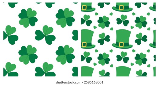 Shamrock, Quatrefoil, Leprechaun hats and Decorative hearts Seamless Pattern St Patrick Day backdrop