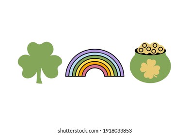 Shamrock, arcoíris y maceta con oro. Concepto del día de San Patricio. Ilustración vectorial. 