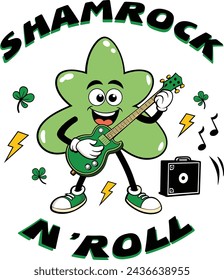 "Shamrock and Roll!" A retro cartoon of a Shamrock playing a guitar on St. Patrick's Day.