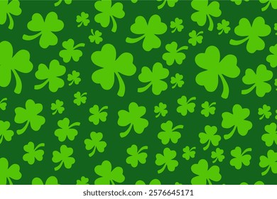 Shamrock seamless pattern. Green clover three leaves motif on green background. St. Patrick's Day decorative design for greeting cards. Irish tradition motif, ornament element. Vector illustration