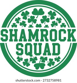 Shamrock Squad circle typography design vector illustration for St Patricks Day group team and irish friends on transparent background.