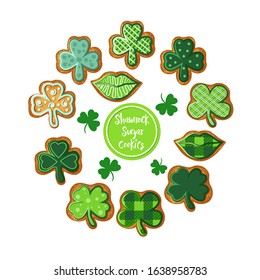   
Shamrock St. Patricks Day Sugar Cookies.Isolated vector objects on a white background.  Collection of various holiday cookies.