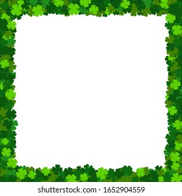 Shamrock St Patricks frame. Blank space holiday irish clover border postcard. Emerald green clover leaves on white. Banner with traditional irish plants. Party invitation, gritting card template