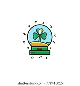 Shamrock symbol into waterglobe - flat color line icon. Glass globe with irish clover sign. Water globe and trefoil with flag of Ireland. Saint Patrick's Day original concept.  