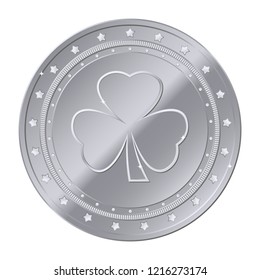 Shamrock. Three-leaf clover currency silver coin with stars. Vector illustration isolated on white background. Editable elements and glare. Rich. EPS10