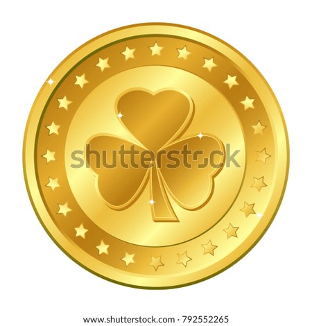 Shamrock. Three-leaf clover gold coin with stars. Saint Patrick's day. Irish. 
Lucky. Vector illustration isolated on white background. 
Editable elements and glare. Casino game. Rich EPS 10