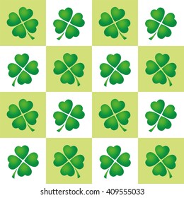 Shamrock tiles pattern - four leaved clovers on green and white square background.