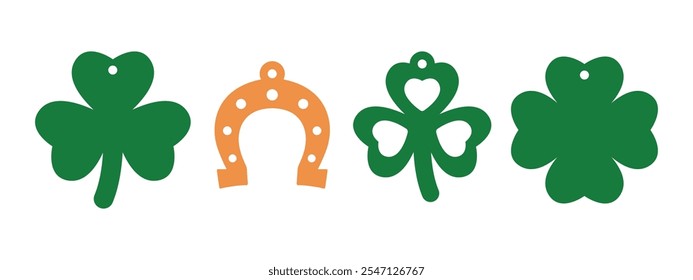 Shamrock vecror designs for earrings, pendant or keychain. St Patricks Day jewelry silhouette cut template. Laser cutting with leather, wood or metal