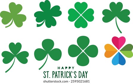 Shamrock vector icons set on white background. Four and three leaf clover icon. Happy St Patricks day. Leaf clover on isolated background. Good luck four leaf clover flat icons for apps and websites.