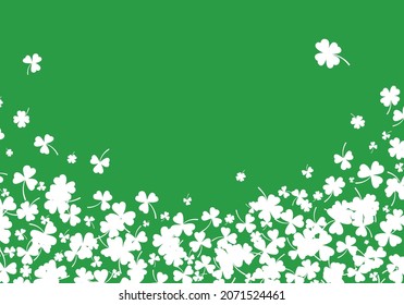 Shamrock or white clover leaves pattern background flat design vector illustration isolated on green background. St Patricks Day shamrock symbols decorative elements pattern.