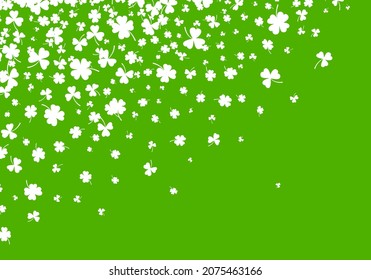 Shamrock or white clover leaves pattern background flat design vector illustration isolated on green background. St Patricks Day shamrock symbols decorative elements pattern.