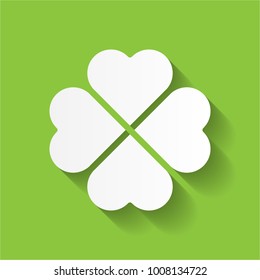 Shamrock - white four leaf clover icon. Good luck theme and Saint Patrick symbol design element. Simple vector illustration with long shadow effect isolated on green background.