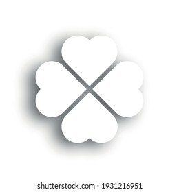 Shamrock - white four leaf clover icon. Good luck theme and Saint Patrick symbol design element. Simple vector illustration with dropped shadow effect.
