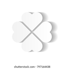 Shamrock - white four leaf clover icon. Good luck theme and Saint Patrick symbol design element. Simple vector illustration with long shadow effect.