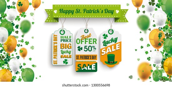 Shamrocks and balloons with 3 price stickers for the St Patricks Day Sale on the white background. Eps 10 vector file.