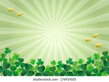 Shamrocks clovers and gold coins. File includes Gradients, Transparency, Clipping mask.