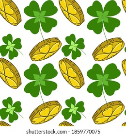Shamrocks and coins seamless vector pattern with four-leaf clovers and pennies. St. Patrick's day festive background.