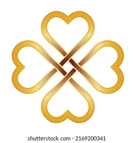 Shamrocks, Four Leaf clover shape, intertwined hearts, celtic knot, Saint Patrick` Day symbol of love and good luck isolated on white background.