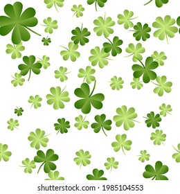 Shamrocks or four-leafed clover St. Patrick's Day symbol vector seamless pattern. Green foliage summer design. Irish clover plant leaves of 3 anf 4 parts. Lucky symbols. Shamrock isolated on white.