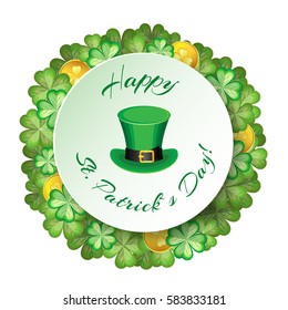 Shamrocks and gold coins around a circular strike with an inscription. Vector illustration