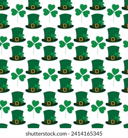 Shamrocks and Leprechaun hat with ribbon buckle seamless pattern design concept for St. Patricks Day