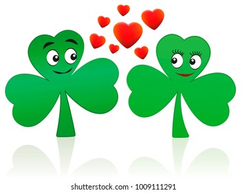 Shamrocks in love - two cute saint patricks day comic figures with romantic smiling faces.