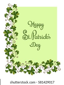 Shamrocks pattern. Freehand drawn vintage style. St Patricks Day background, greeting card design. Green clover border and frame. Ireland symbol. Vector decorative ornament shamrock for Irish holiday