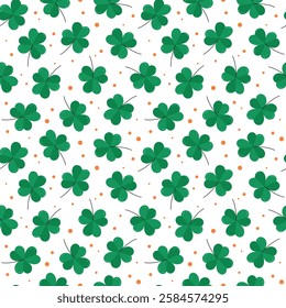 Shamrocks pattern vector seamless background. St Patricks Day pattern with clover leaves. Saint Patrick March 17 holiday repetitive backdrop. Flat illustration.