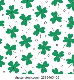 Shamrocks pattern vector seamless background. St Patricks Day pattern with clover leaves. Saint Patrick March 17 holiday repetitive backdrop. Flat illustration