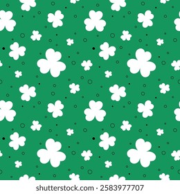 Shamrocks seamless pattern St Patricks Day green background and clover leaves and doodle elements. Saint Patricks March 17 holiday backdrop. Vector flat illustration