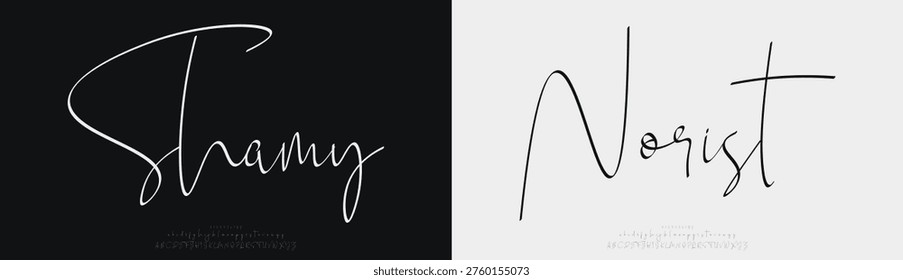 Shamy Norist, Script luxury wedding alphabet letters font with tails. Typography elegant classic serif fonts and number decorative vintage retro concept for logo branding. vector illustration
