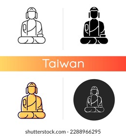 Shan buddha museum icon. Buddhist faith architecture. Bliss statue. Mind state shrine. Taiwan memorial center part. Linear black and RGB color styles. Isolated vector illustrations