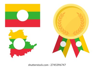 Shan State flag with map and gold medal in set for web and banners or app and games
