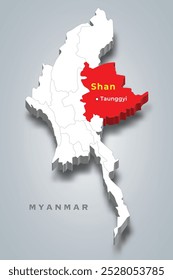 Ubicación del estado de Shan Myanmar en el mapa de Myanmar 3d