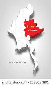 Ubicación del estado de Shan Myanmar en el mapa de Myanmar 3d