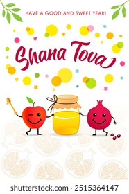 Shana Tova 2024 holiday banner with honey, funny apple and pomegranate emoji icons. Celebrate Rosh Hashanah 2024 with joy and warmth! Creative vector image for Shana Tovah wishes or messages